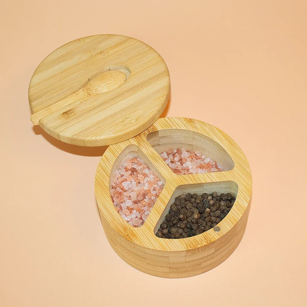 Boîte à condiments bambou avec compartiments pour sel rose et poivre, design élégant et pratique