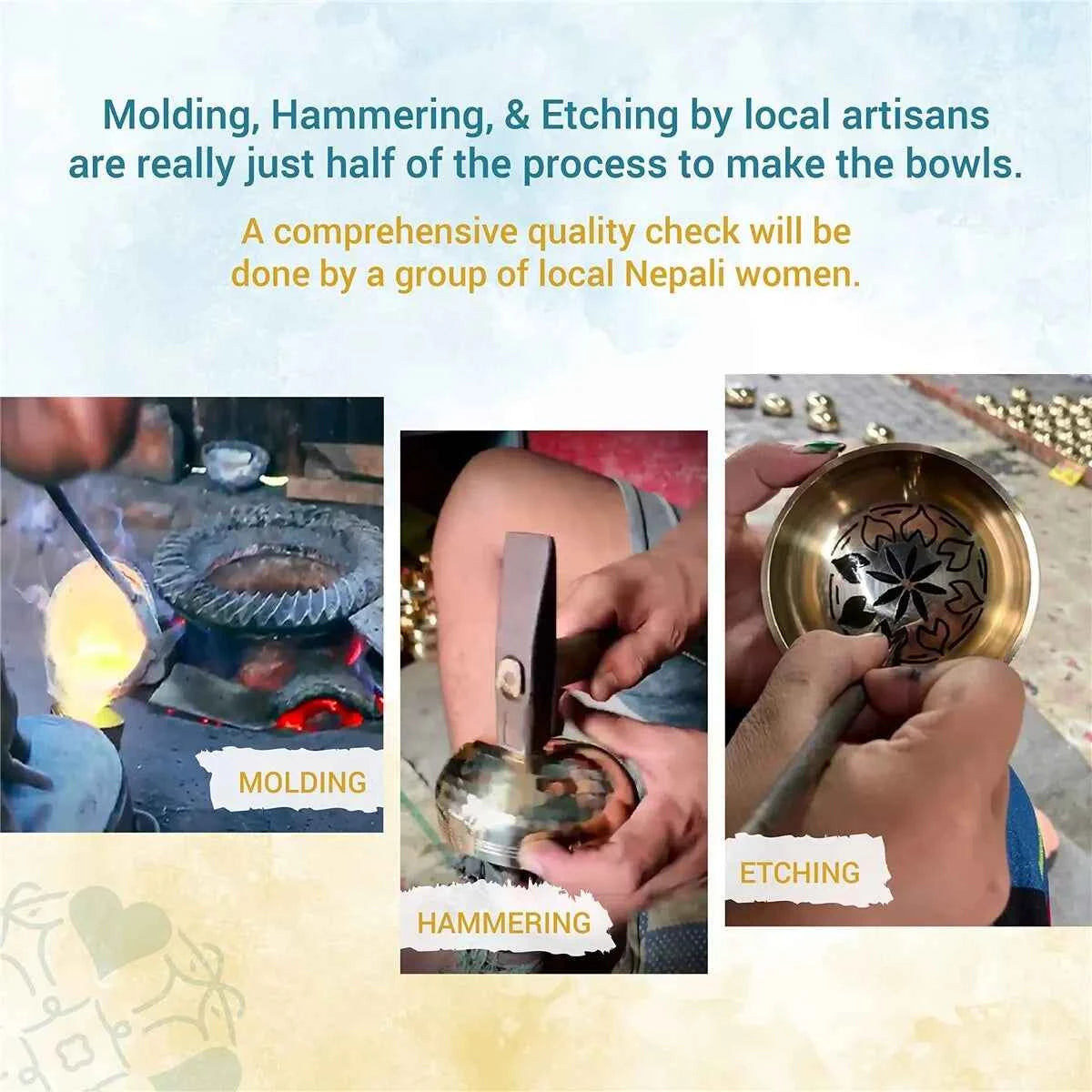 Processus de fabrication des bols chantants dorés par des artisans locaux népalais, incluant le moulage et le martelage