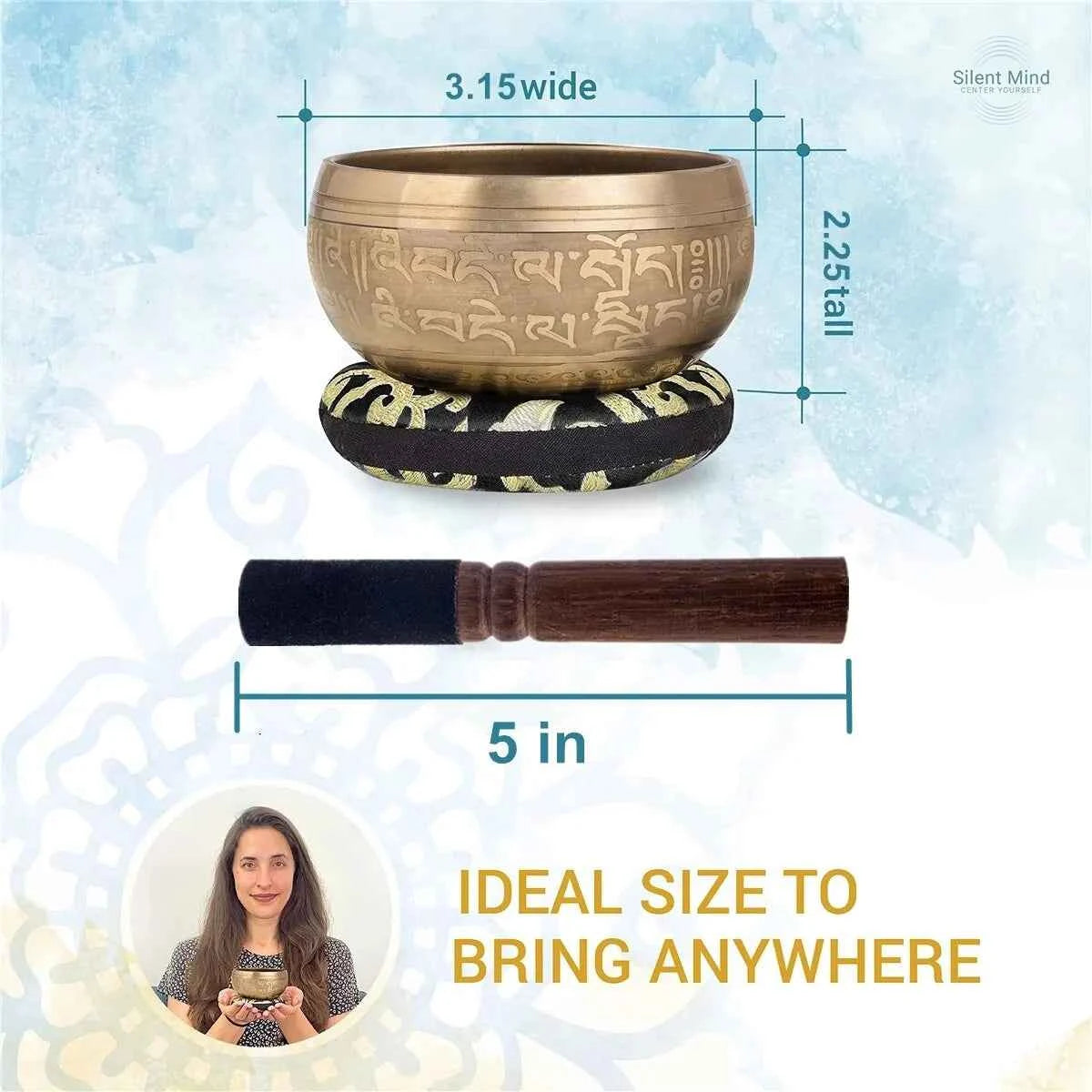 Bol chantant doré avec dimensions de 3,15 po de large et 2,25 po de haut, idéal à emporter partout