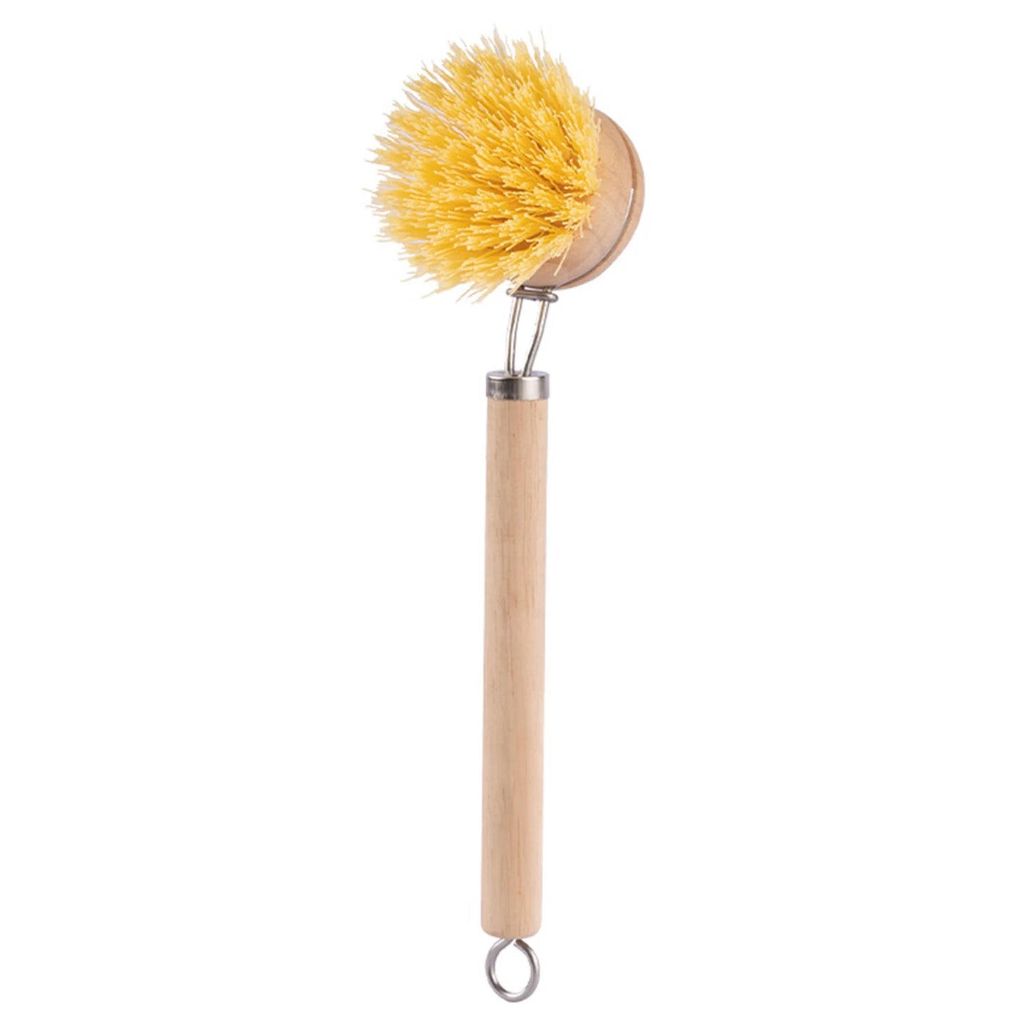 Brosse de nettoyage écologique avec un manche en bois et des poils jaunes pour un nettoyage efficace
