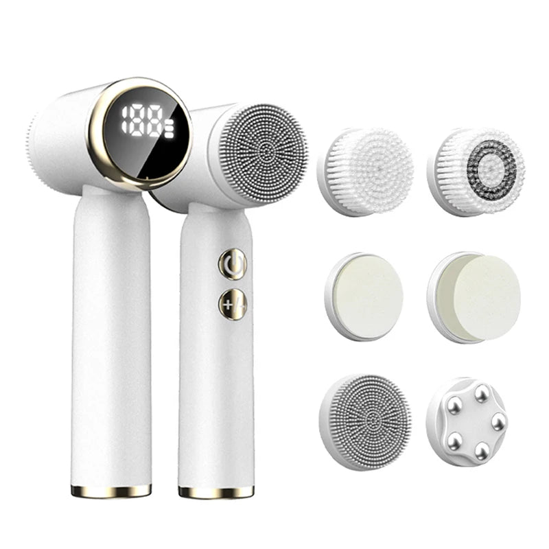 Brosse nettoyante sonique blanche avec quatre têtes interchangeables et affichage LED pour un nettoyage efficace