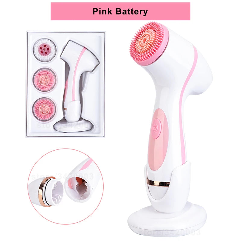 Brosse nettoyante sonique rose avec plusieurs têtes interchangeables pour un nettoyage doux de la peau