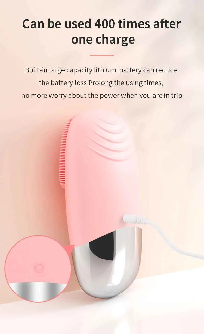 Brosse nettoyante sonique en rose avec batterie rechargeable offrant 400 utilisations après une seule charge