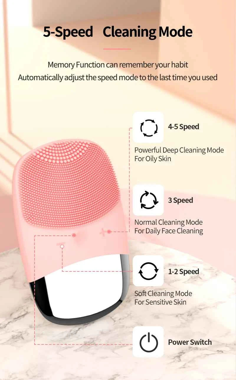 Brosse nettoyante sonique rose à 5 vitesses pour un nettoyage profond du visage et de la peau sensible