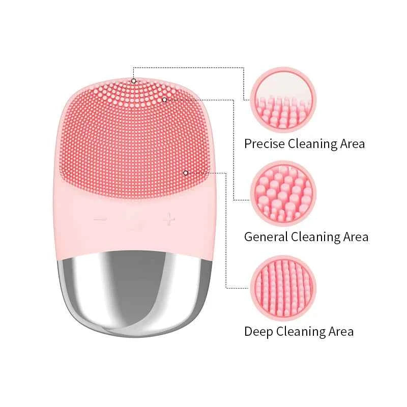 Brosse nettoyante sonique en rose avec différentes zones de nettoyage pour un soin optimal de la peau
