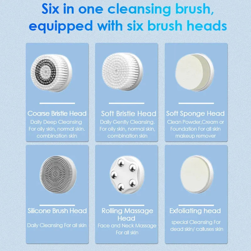 Brosse nettoyante sonique 6 en 1 avec six têtes pour un nettoyage doux et efficace de la peau.