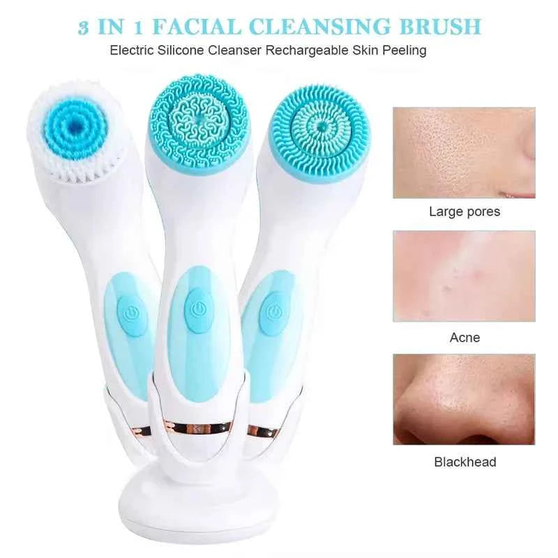 Brosse nettoyante ultrason 3 en 1 pour le visage avec silicone rechargeable et fonction de peeling