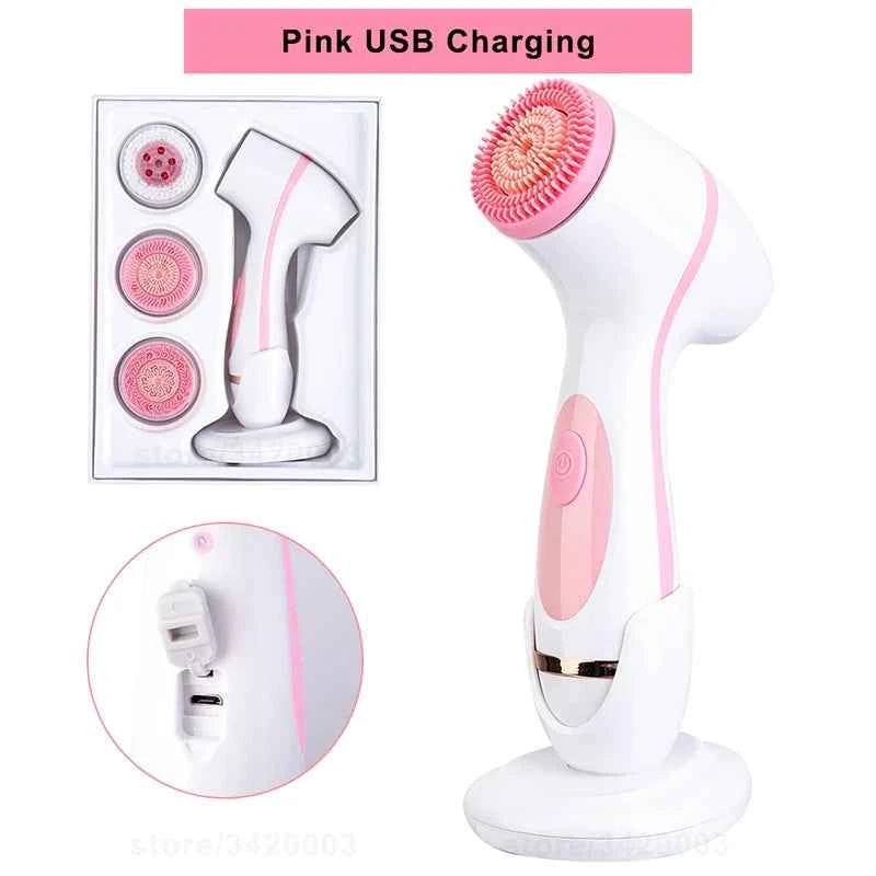Brosse nettoyante ultrason rose avec charge USB et trois têtes interchangeables pour un nettoyage doux