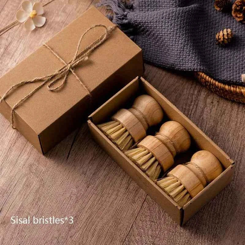 Ensemble de brosses nettoyage naturelles en sisal avec manchons en bois, emballé dans une boîte en carton