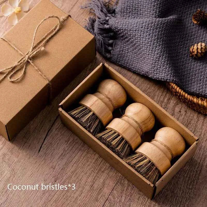 Ensemble de brosses nettoyage naturelles en coco avec manches en bois, idéal pour un nettoyage écologique