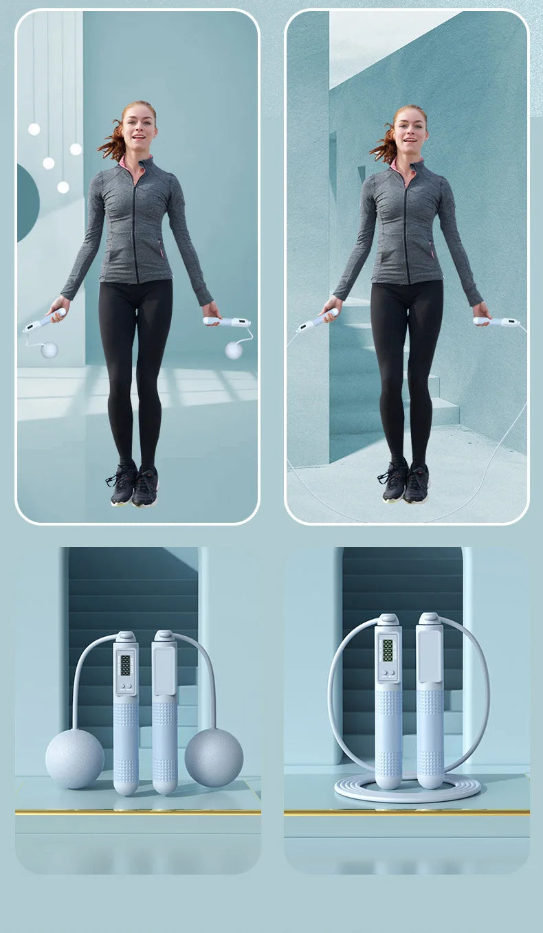 Femme sautant à la corde à sauter connectée, montrant ses fonctionnalités modernes et son design élégant.