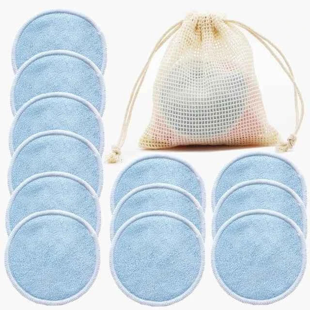 Set de disques démaquillants réutilisables en microfibre bleu avec un sac de rangement en filet