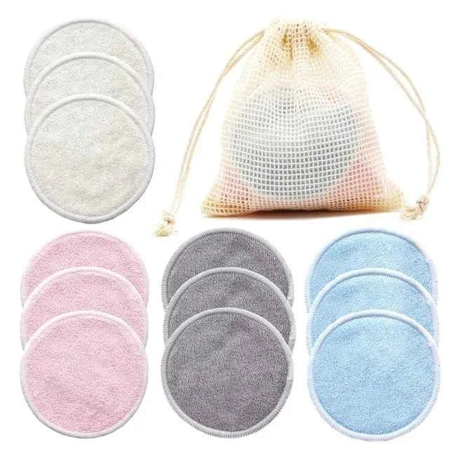 Ensemble de disques démaquillants réutilisables en différentes couleurs avec un sac de rangement en filet