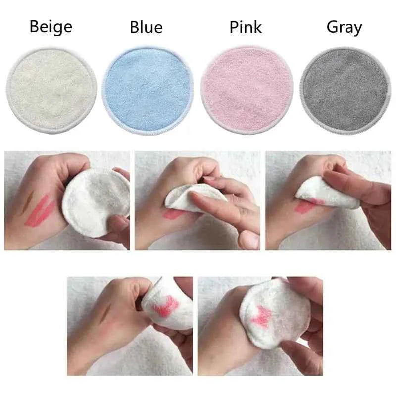 Disques démaquillants réutilisables en beige, bleu, rose et gris pour un maquillage efficace et doux