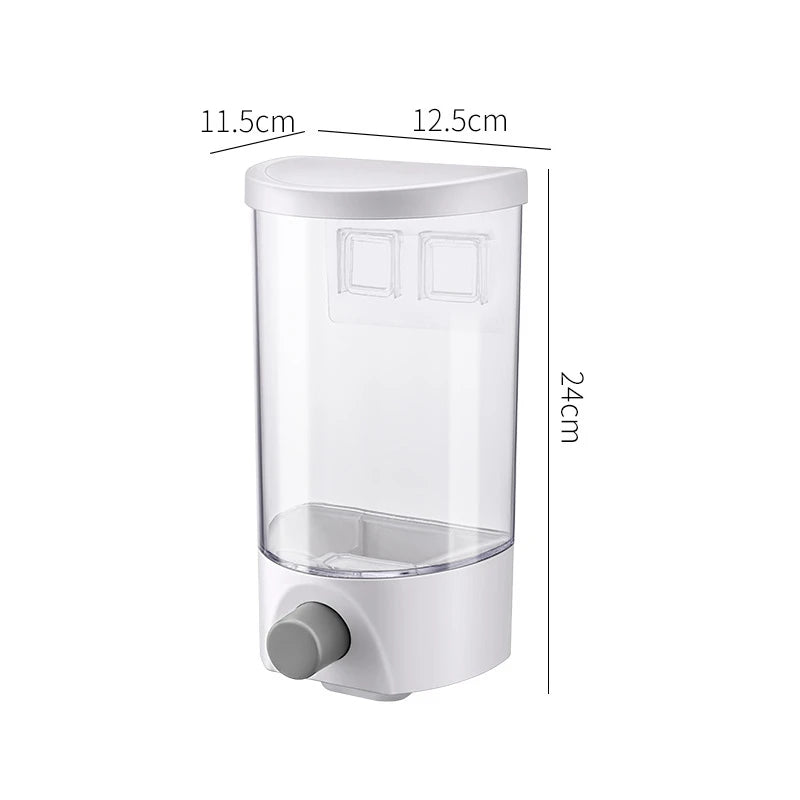 Distributeur alimentaire mural transparent de 24 cm avec un bouton de dosage pour une utilisation pratique