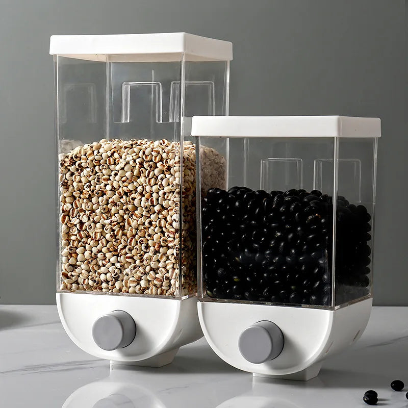 Distributeur alimentaire mural en plastique transparent pour grains et légumineuses avec deux compartiments