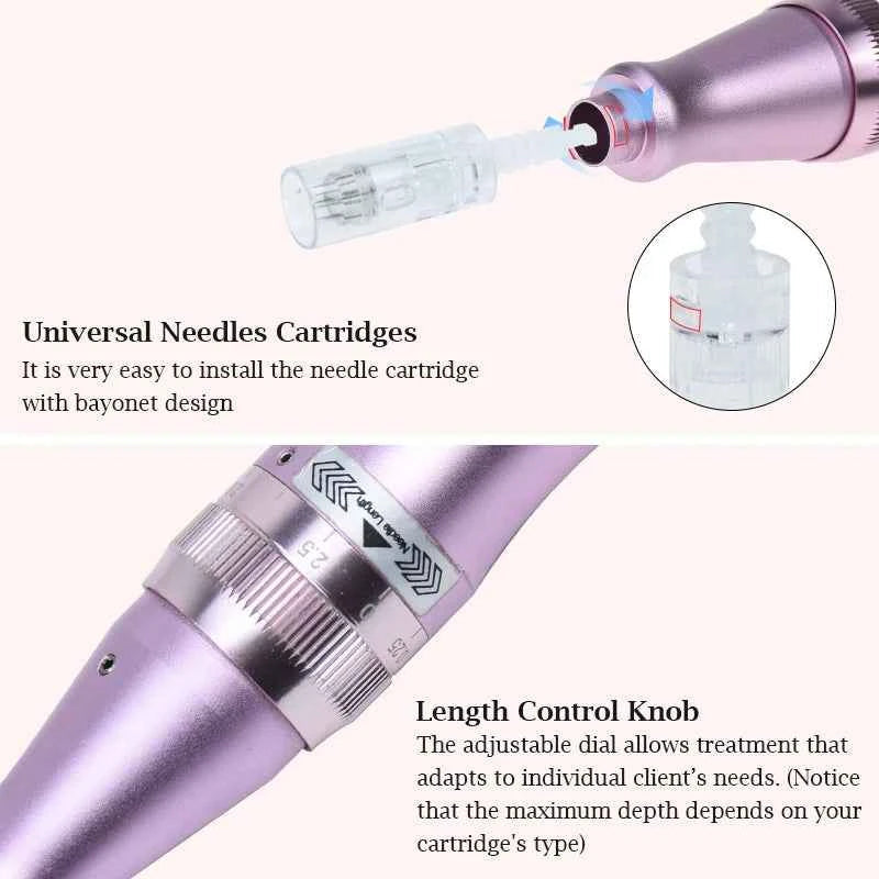Stylo microneedling professionnel en rose avec cartouches interchangeables et bouton de contrôle de profondeur
