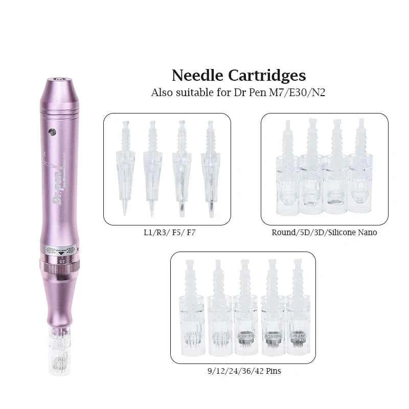 Stylo microneedling professionnel en rose avec cartouches d'aiguilles pour soins de la peau