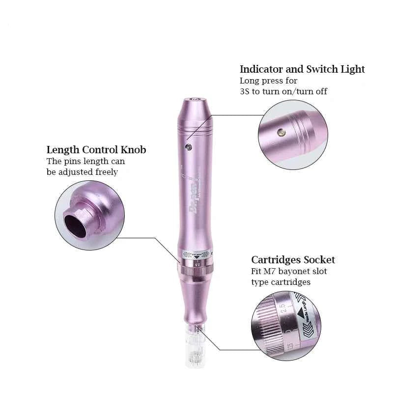 Stylo microneedling professionnel en rose avec réglage de la longueur et indicateur lumineux