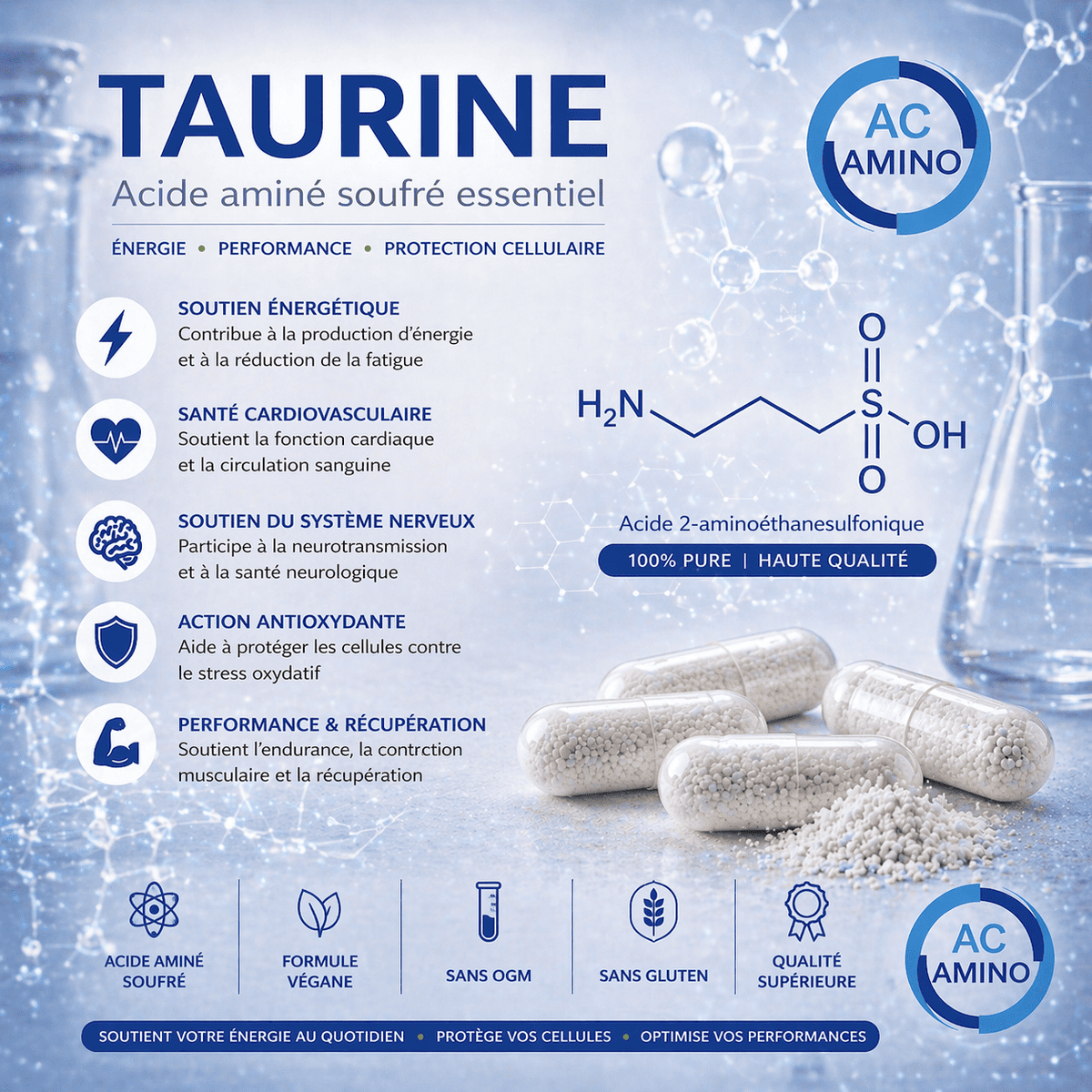 Taurine 500 mg : cœur, cerveau et vitalité