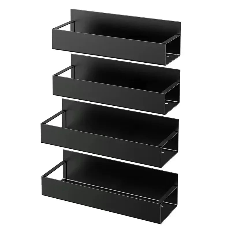 Étagère de cuisine magnétique en métal noir avec quatre compartiments pour un rangement efficace
