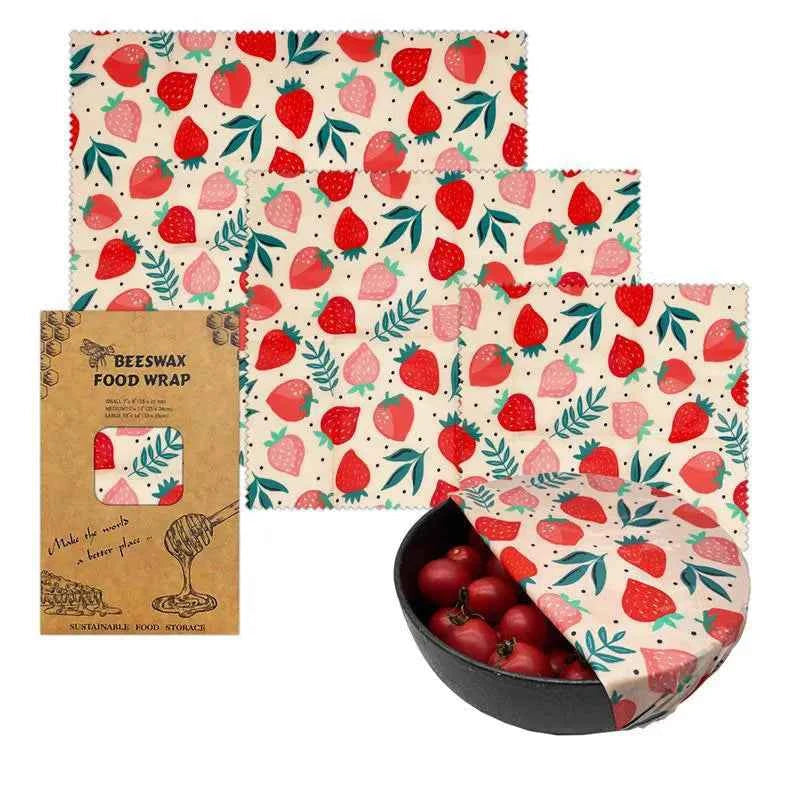 Ensemble de films alimentaires en cire d'abeille avec motifs de fraises pour un emballage éco-responsable