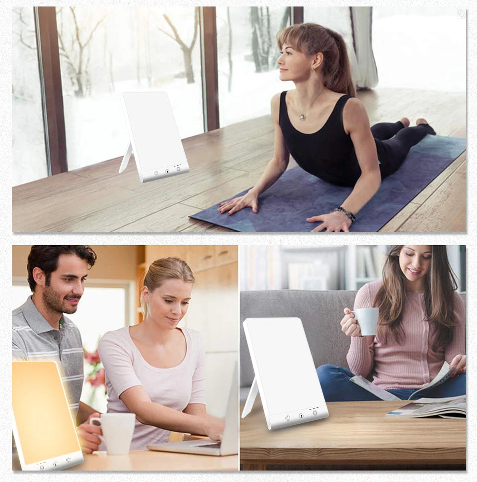 Lampe luminothérapie 12000 lux utilisée par des personnes dans différents environnements pour améliorer leur bien-être