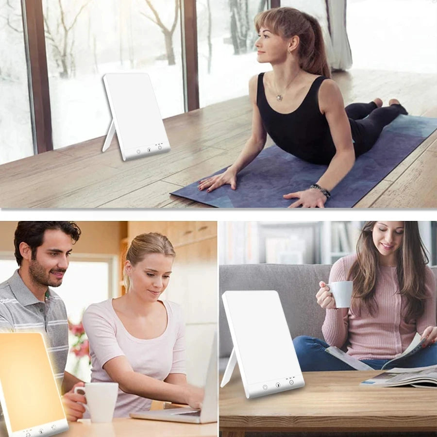 Lampe luminothérapie 12000 lux utilisée par des personnes en intérieur pour améliorer leur bien-être