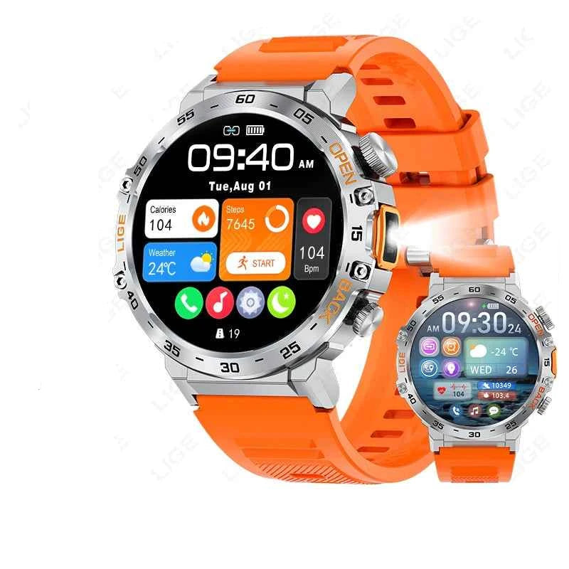 Montre connectée sport suivi performance avec écran tactile et bracelet orange pour les activités en extérieur