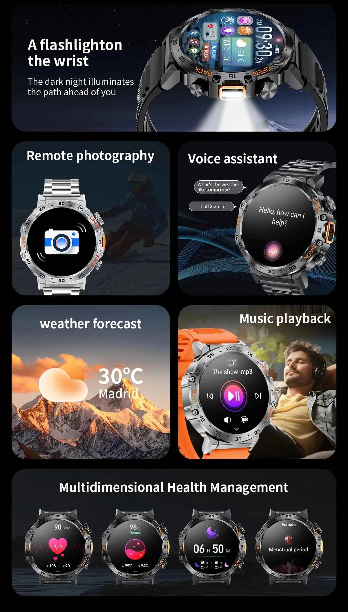 Montre connectée sport suivi performance avec fonctions de photographie à distance et assistant vocal