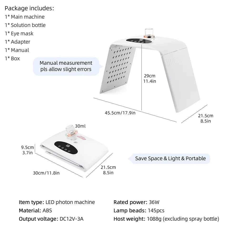 Machine luminothérapie LED pliable blanche avec design portable et accessoires inclus pour soins de la peau