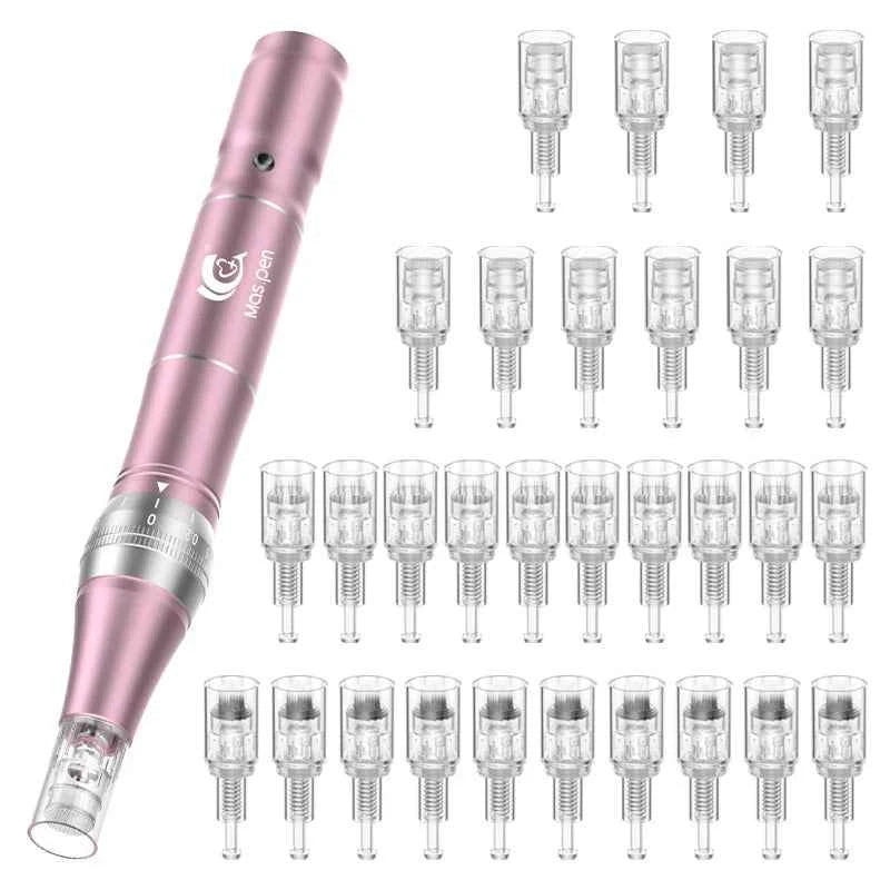 Stylo microneedling maison en rose avec 30 cartouches interchangeables pour soins de la peau