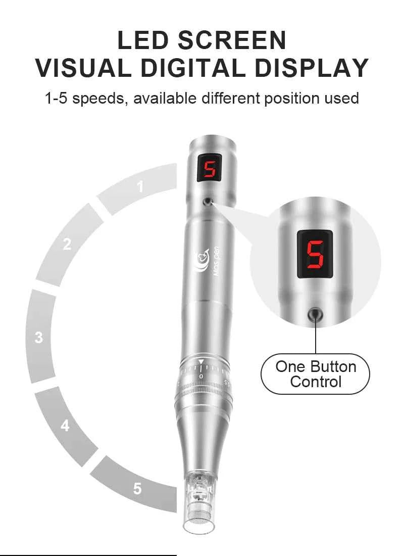 Stylo microneedling maison avec écran LED et 5 vitesses pour un soin de la peau efficace