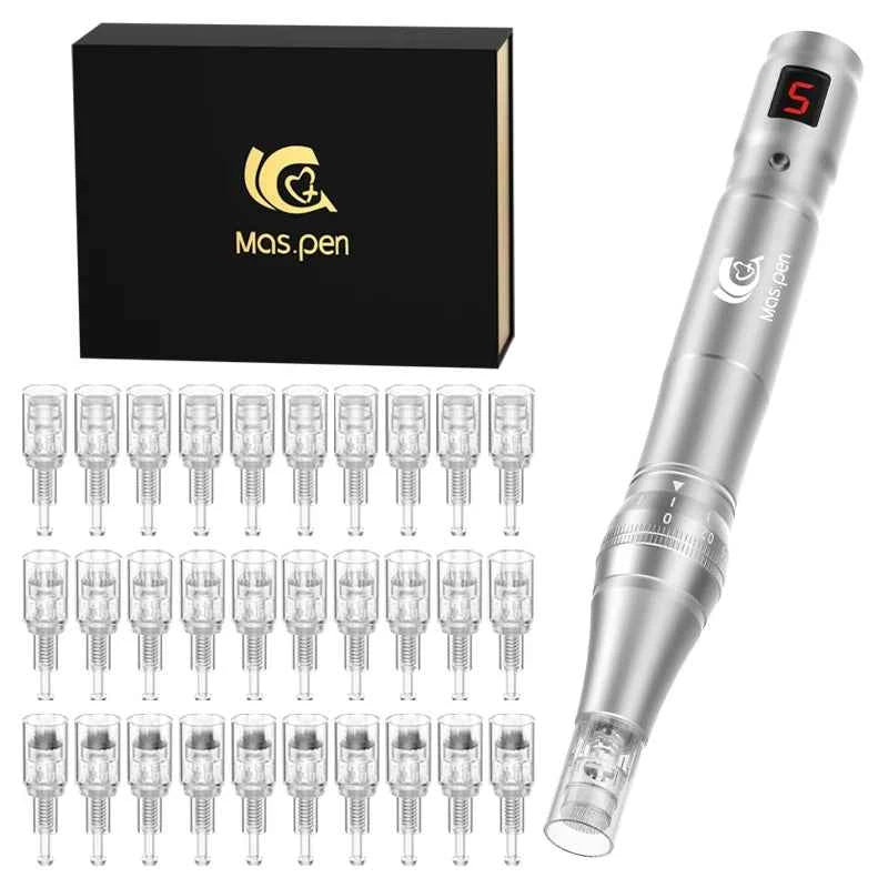 Stylo microneedling maison Mas.pen avec 30 embouts pour soins de la peau professionnels
