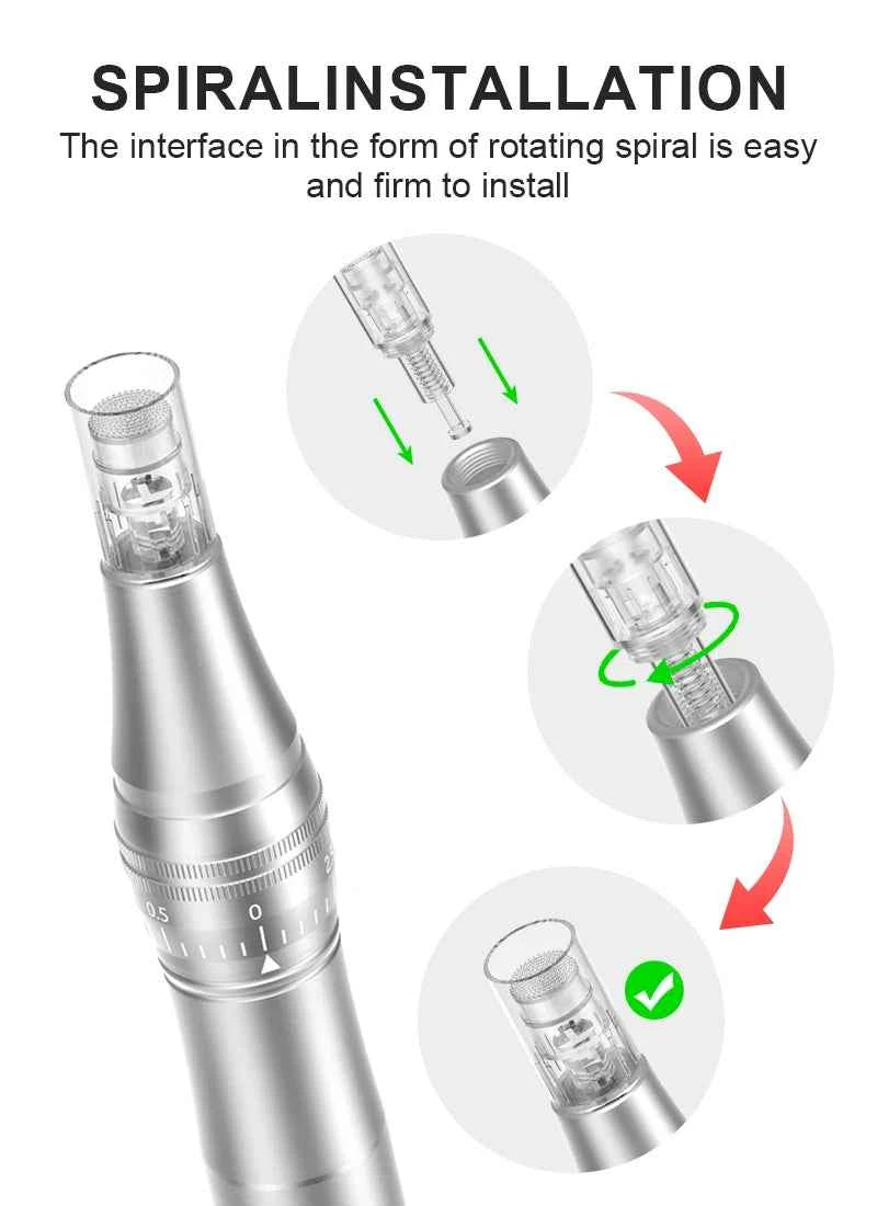 Installation facile du stylo microneedling maison avec interface en spirale pour un usage à domicile