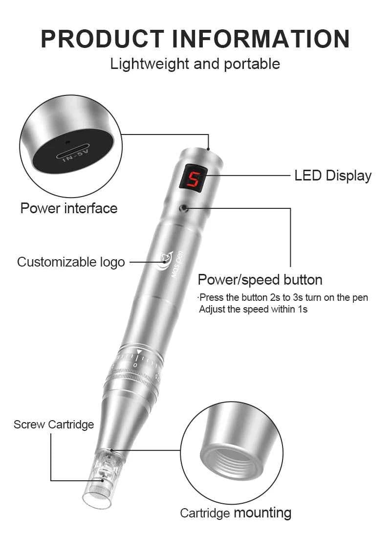 Stylo microneedling maison léger et portable avec interface LED et bouton de vitesse