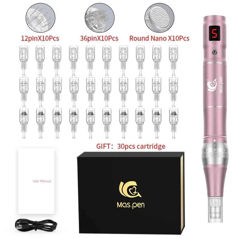 Stylo microneedling maison avec 30 aiguilles interchangeables et manuel d'utilisateur inclus