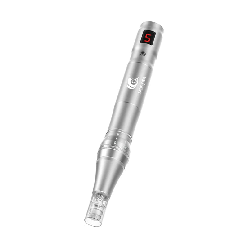 Stylo microneedling maison en métal argenté avec écran digital pour soins de la peau