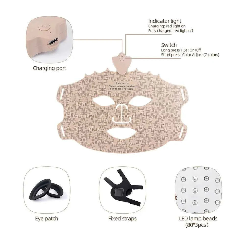 Masque facial LED luminothérapie spectre complet avec port de chargement et patch pour les yeux