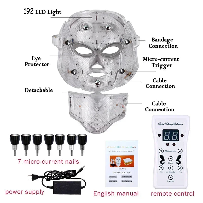 Masque LED visage cou avec 192 lumières LED et télécommande pour soin de la peau