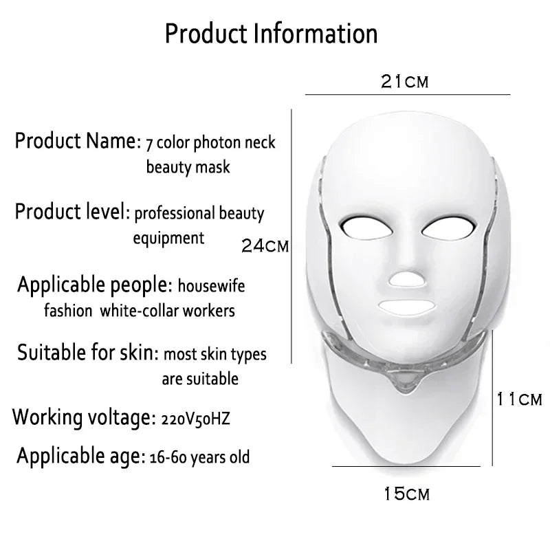 Masque LED visage cou 7 couleurs avec design professionnel pour soins de la peau