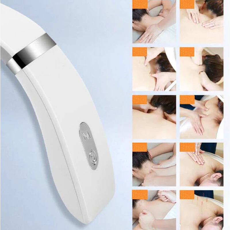 Masseur cervical portable blanc avec images démontrant différentes techniques de massage relaxant