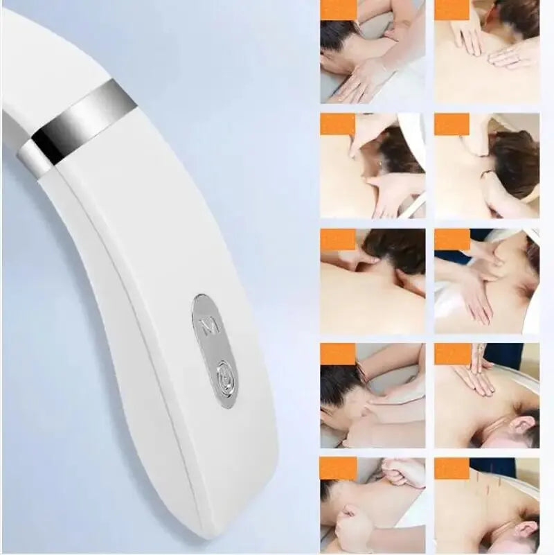 Masseur cervical portable en blanc avec diverses techniques de massage démontrées