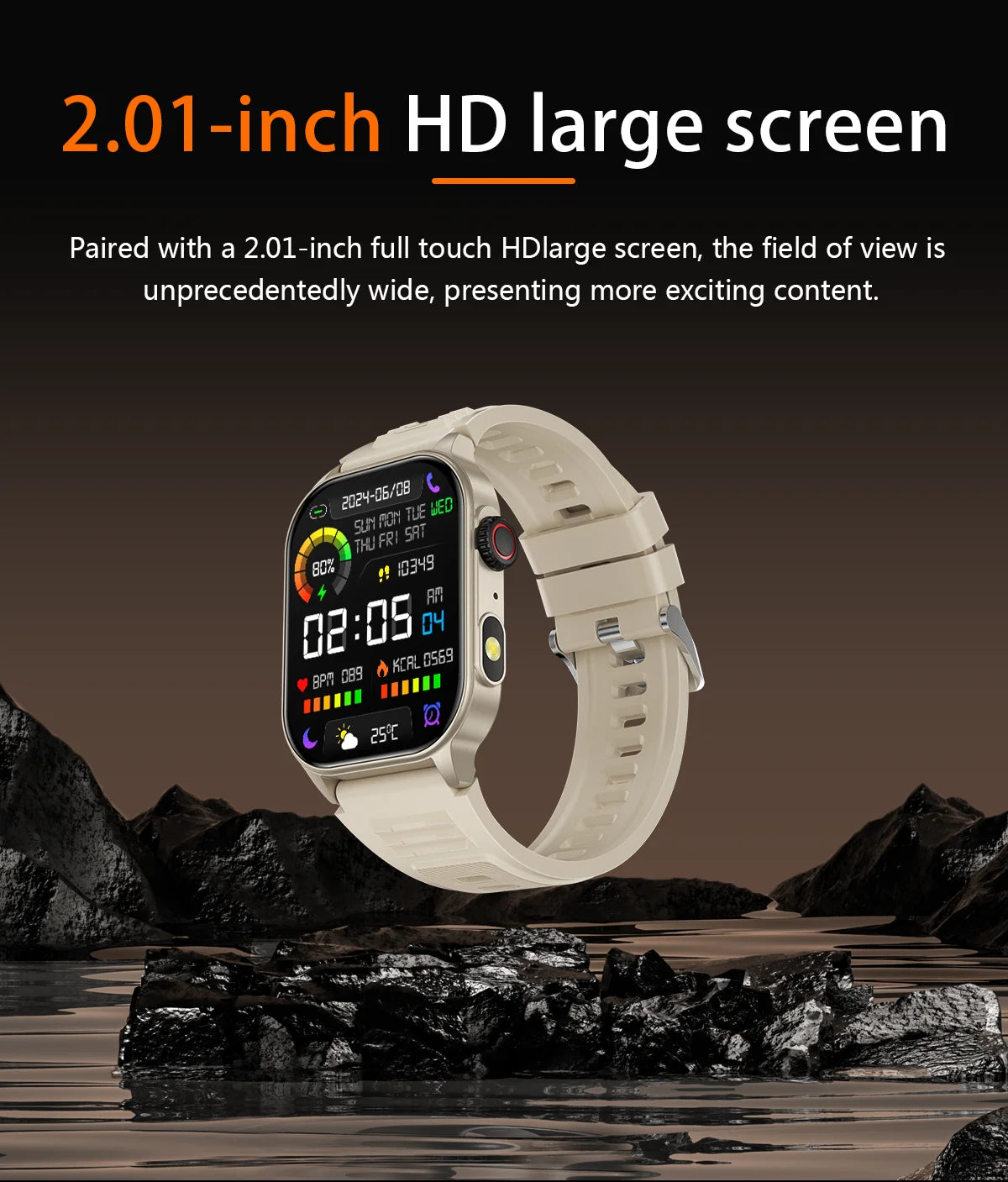 Montre connectée femme avec écran HD de 2,01 pouces, offrant une vue large pour un contenu captivant