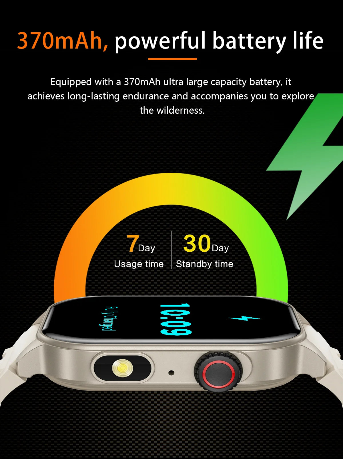 Montre connectée femme avec batterie de 370mAh offrant jusqu'à 7 jours d'utilisation et 30 jours en veille