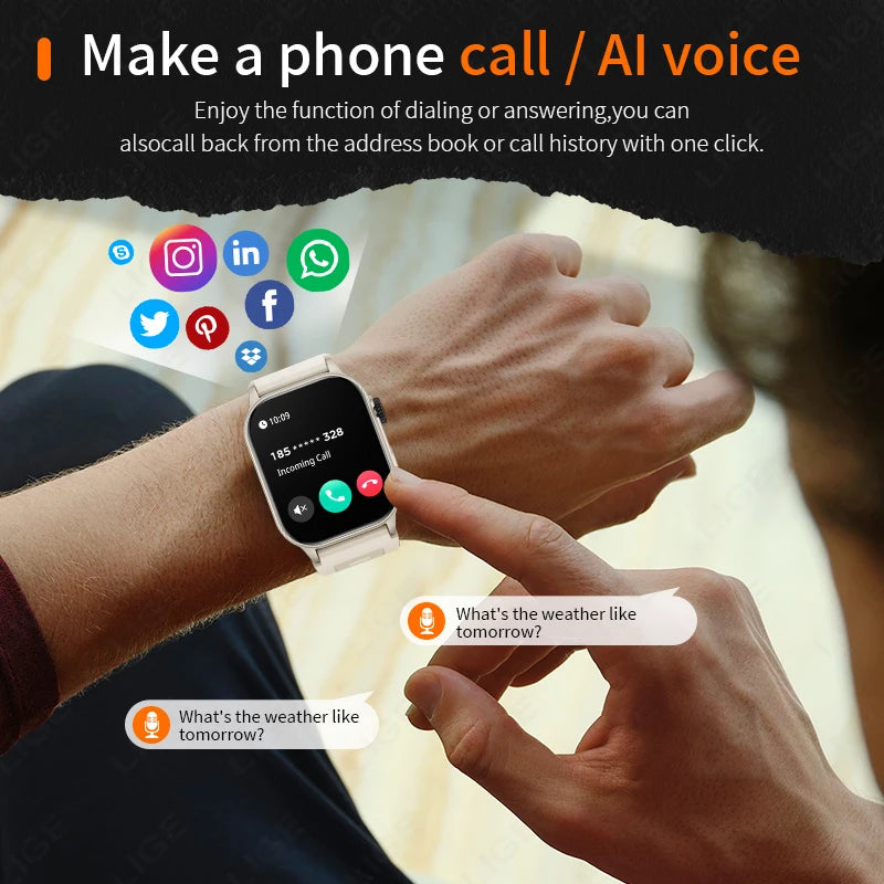 Montre connectée femme affichant des appels entrants et la fonction d'assistant vocal