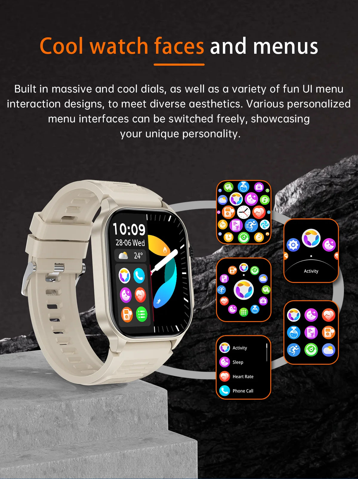 Montre connectée femme avec écrans personnalisables et menus variés pour une esthétique moderne