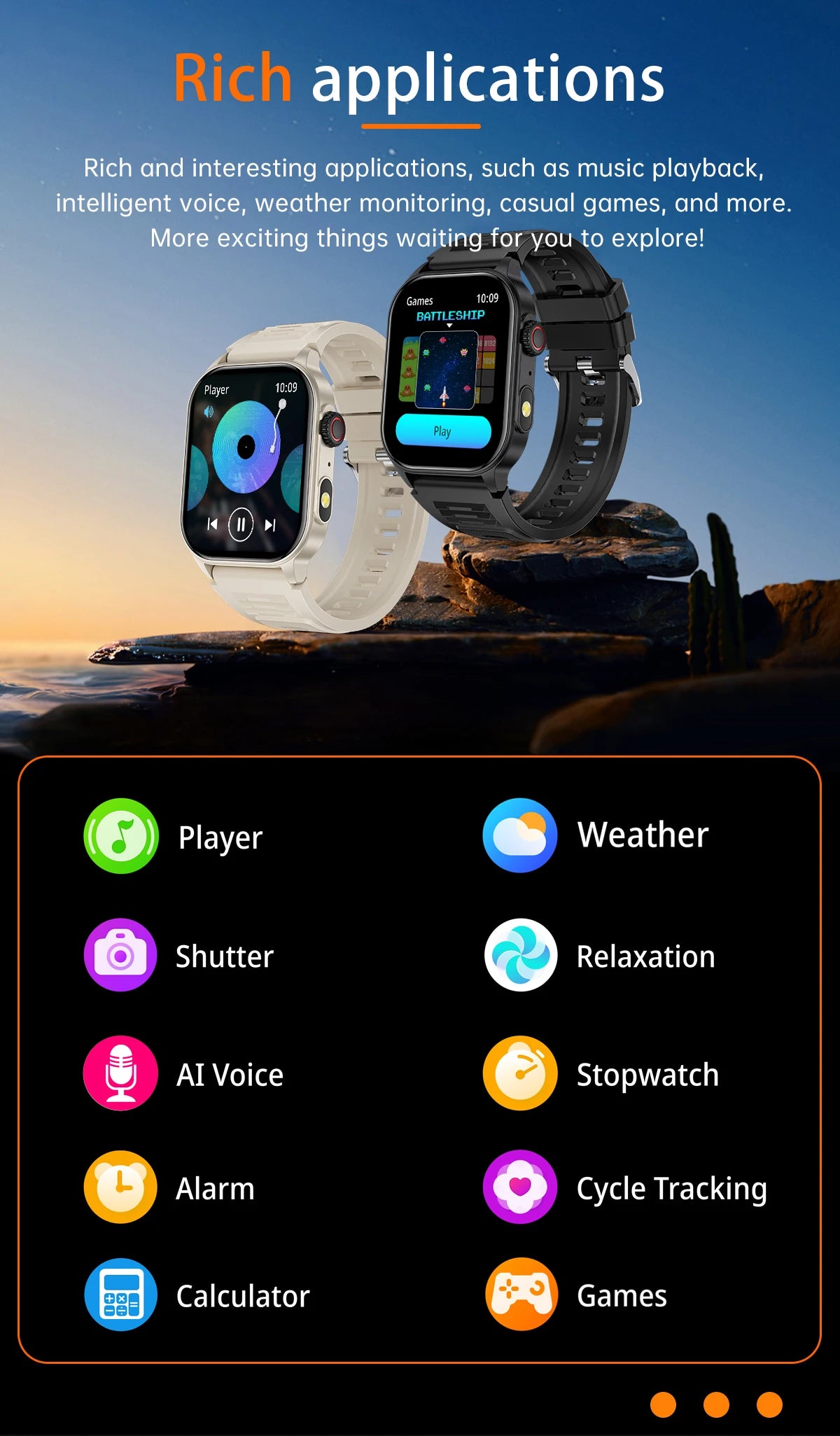 Montre connectée femme avec applications variées comme musique, météo, et suivi d'activités