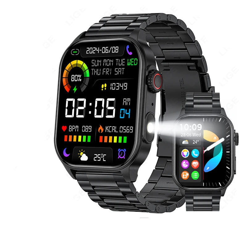 Montre connectée femme en noir avec écran tactile et fonctionnalités de suivi de santé