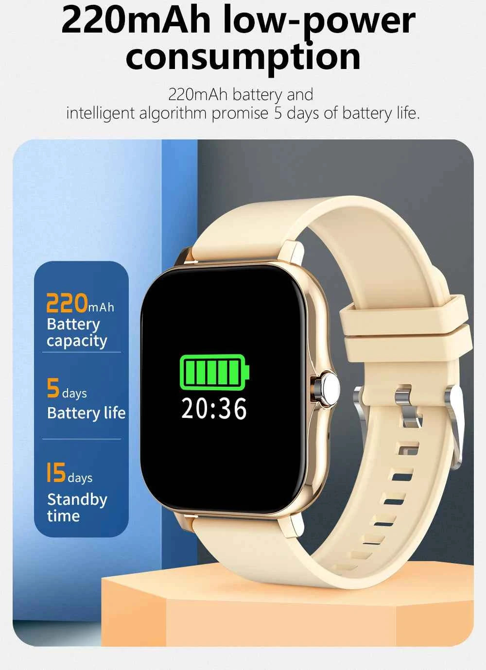 Montre connectée fitness avec autonomie de 5 jours et batterie de 220mAh pour un suivi efficace